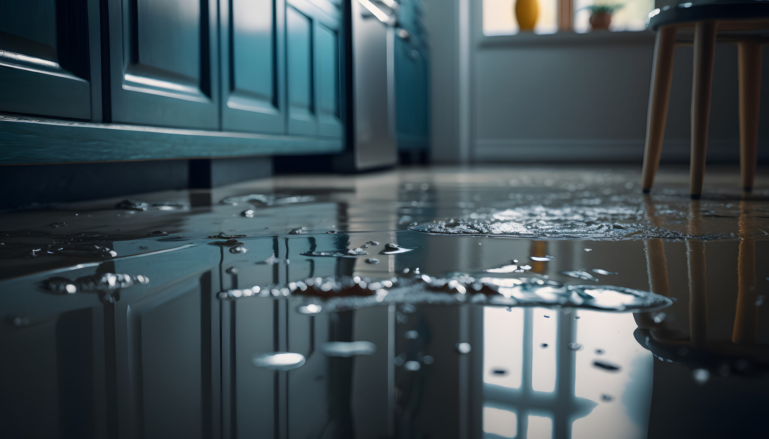 Flooded floor in kitchen from water leak. Damage , Property insurance concept